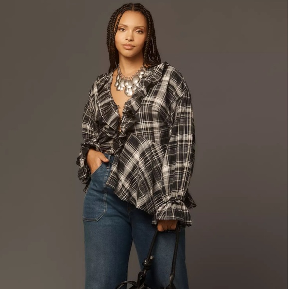 Pilcro by Anthropologie Plaid Ruffle Neck Blouse Navy Cream Medium - Picture 1 of 11